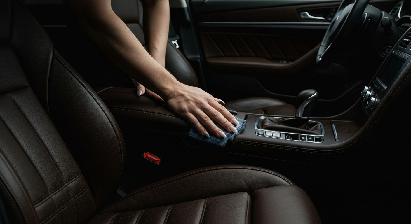 Deep interior detailing, vacuuming, and leather conditioning of a car cabin