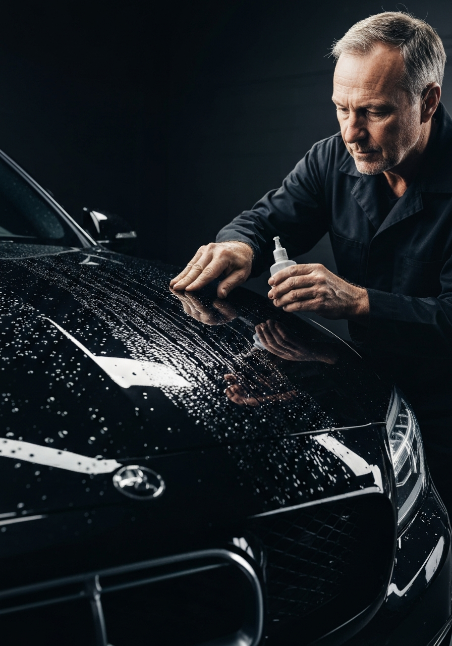Professional applying 9H ceramic coating to a luxury car's paint for long-lasting protection in Tampa FL