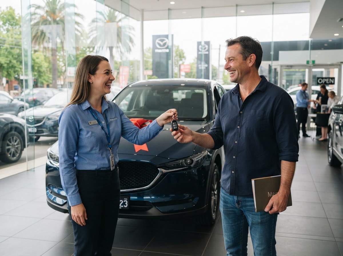 Car procurement specialist handing over keys to a customer for their new vehicle purchase