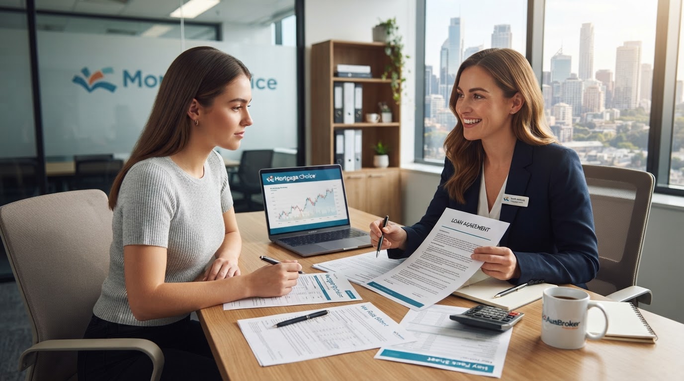 Australian mortgage broker explaining loan documents to a client in a modern office