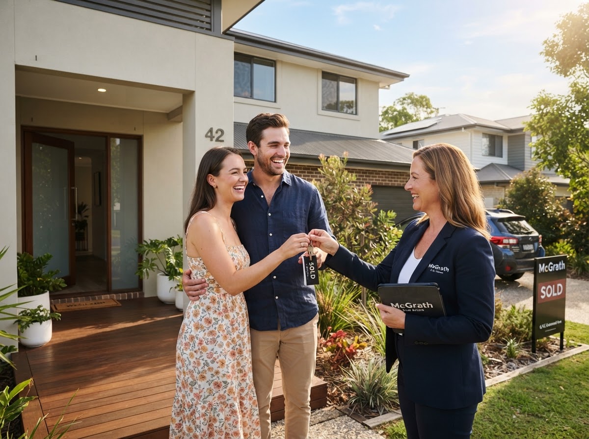 Happy couple receiving keys to their new home