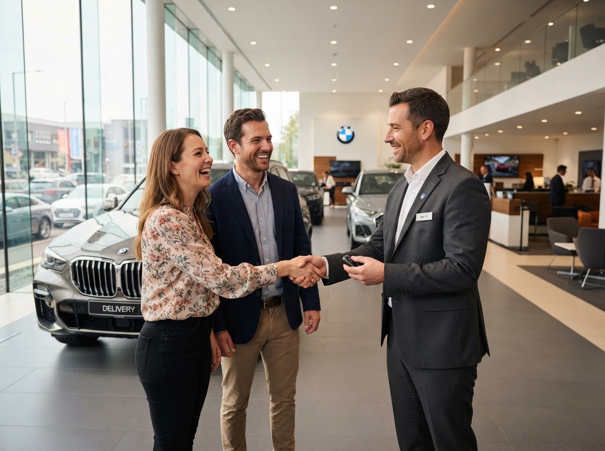 Couple securing competitive car loan rates with a finance broker at a car dealership in Australia