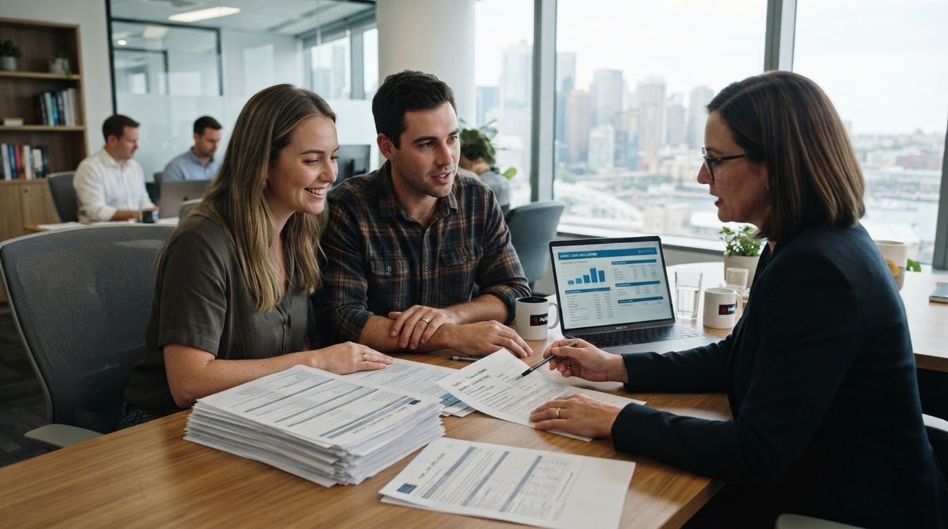 Australian couple reviewing home loan documents with a mortgage broker to get a home loan