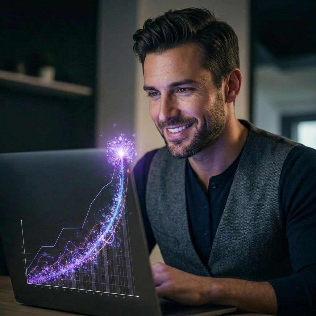 Man looking at glowing growth chart on laptop
