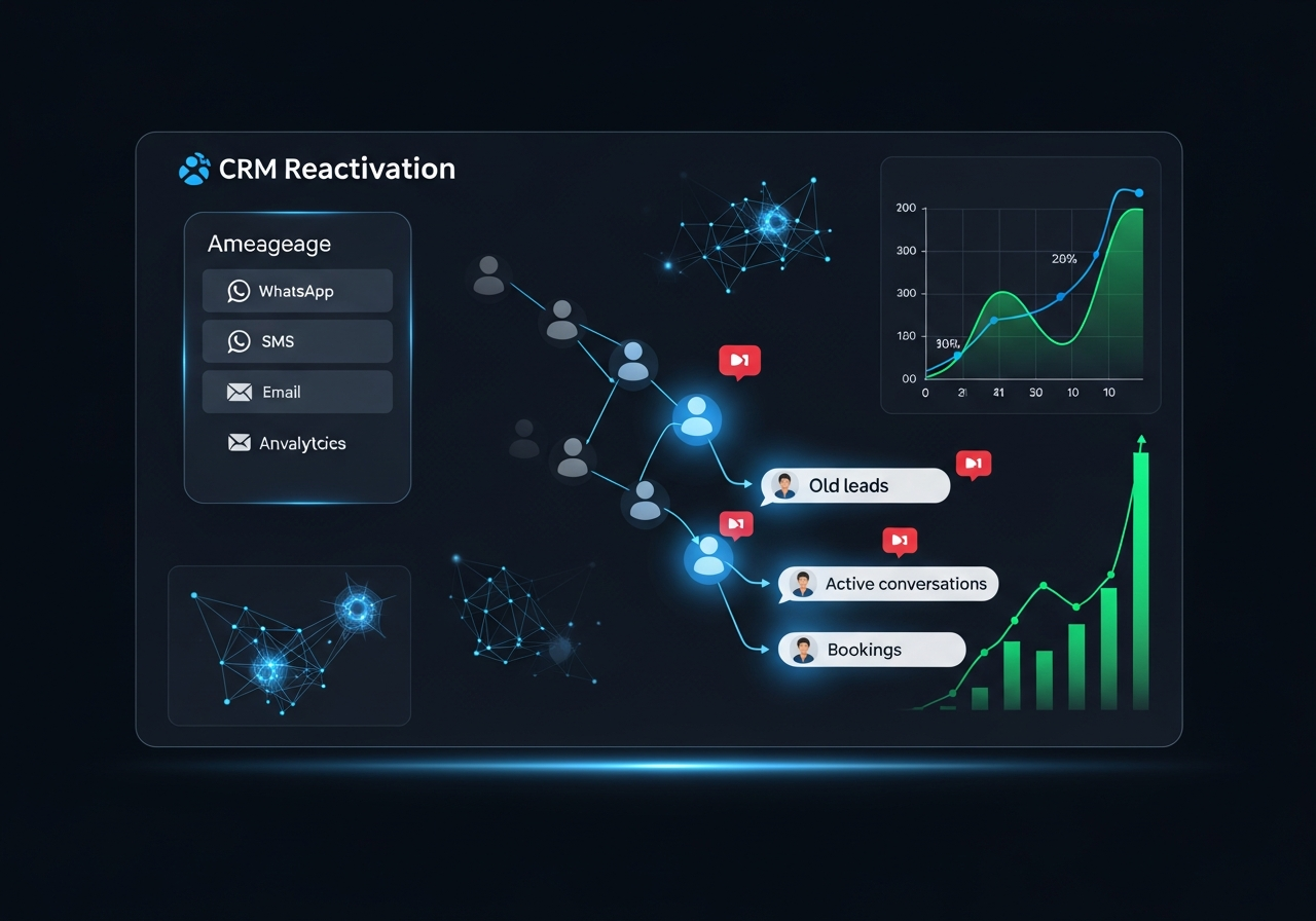 Database reactivation dashboard showing dormant leads being reactivated via SMS email and WhatsApp