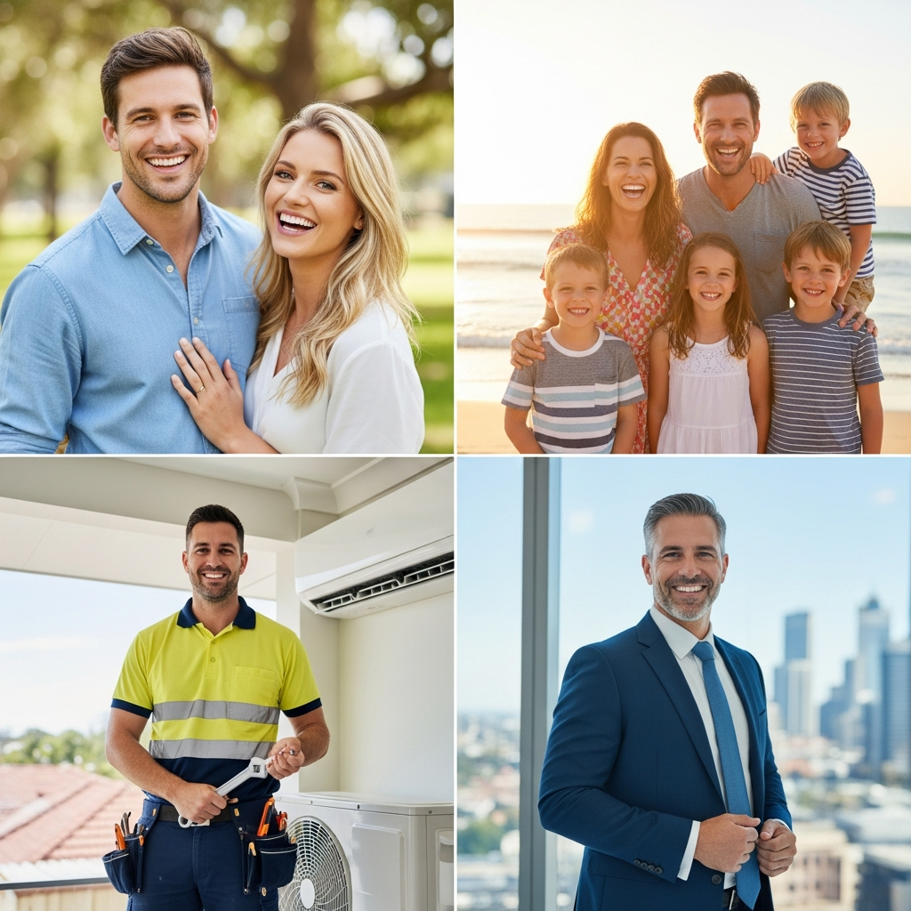 Collage of diverse clients including a young couple, family, tradesman, and professional