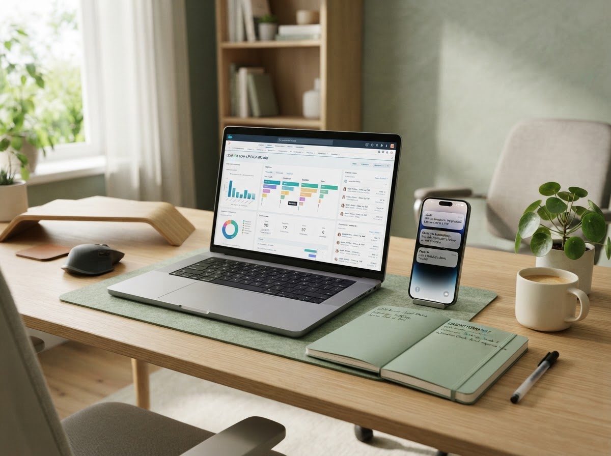 Organized desk with CRM dashboard and lead follow-up automation for a small business