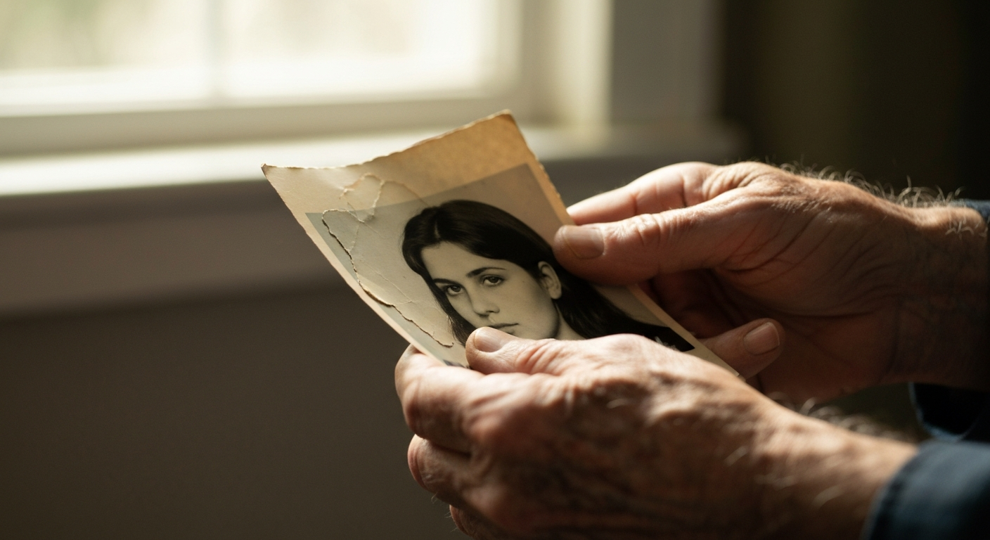 Old man's hands holding a photograph