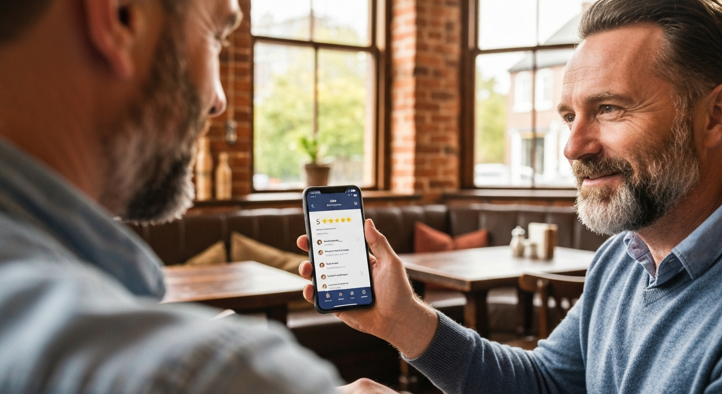Customer holding a smartphone showing a 5-star review screen in a local UK cafe