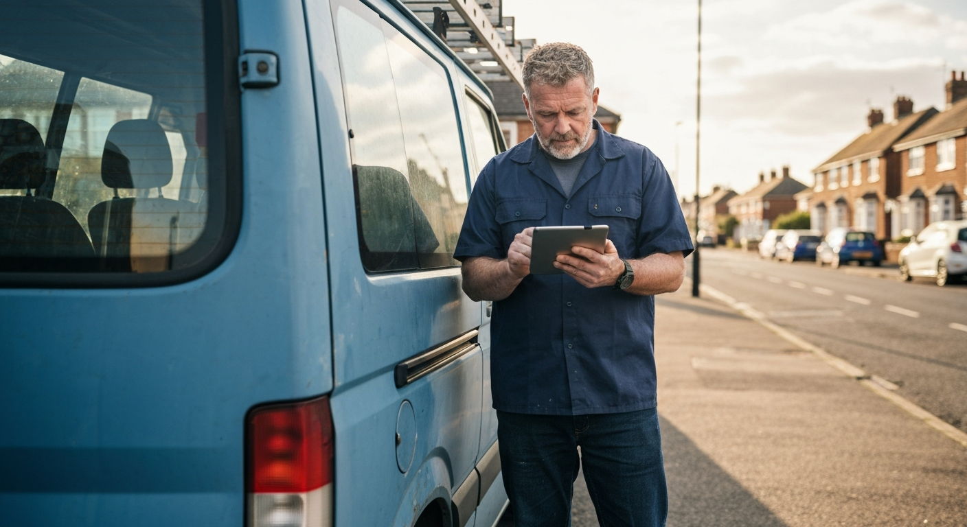 UK tradesperson checking a tablet next to their work van