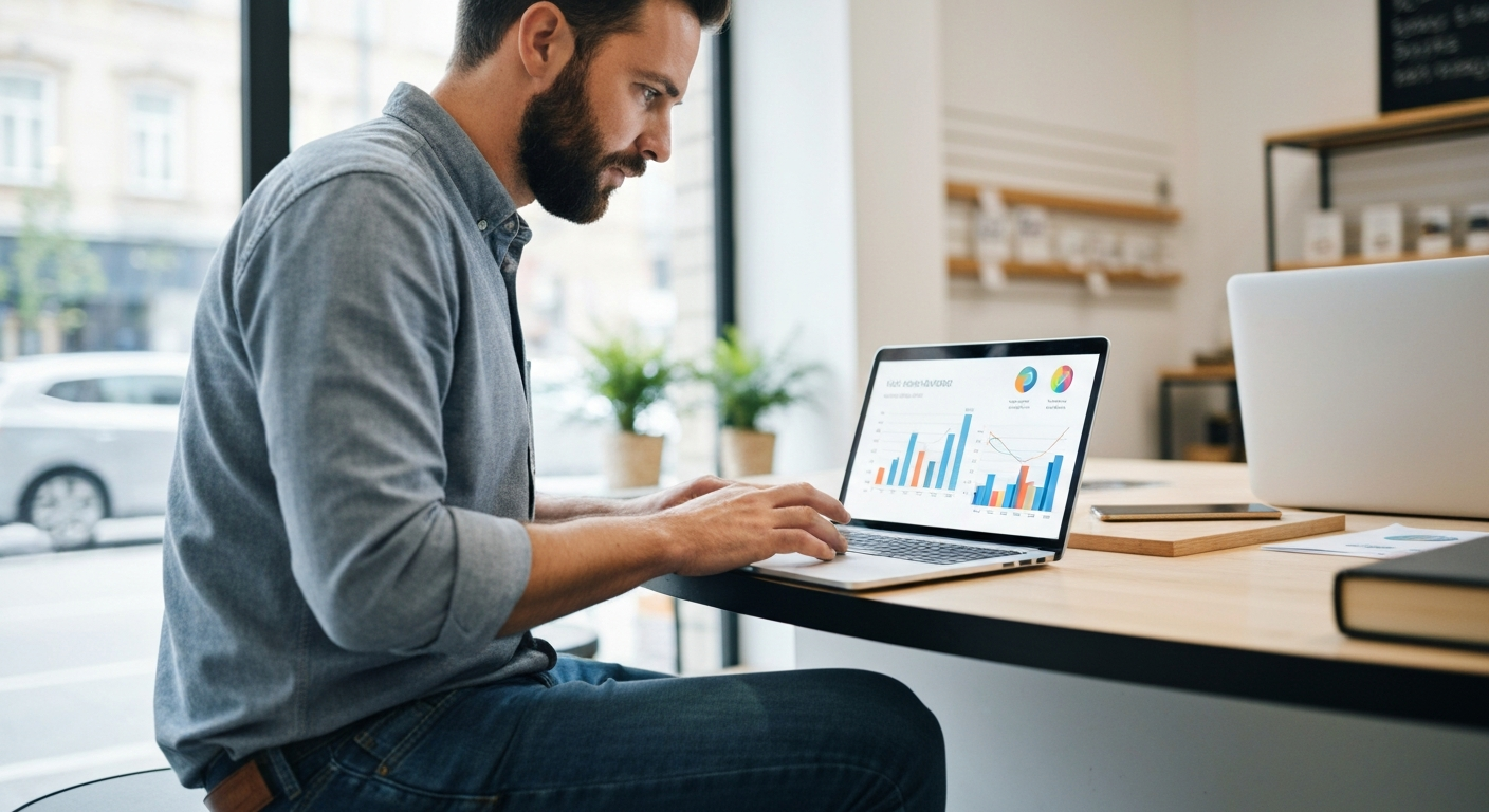 UK small business owner reviewing growth charts on a laptop in a modern local shop