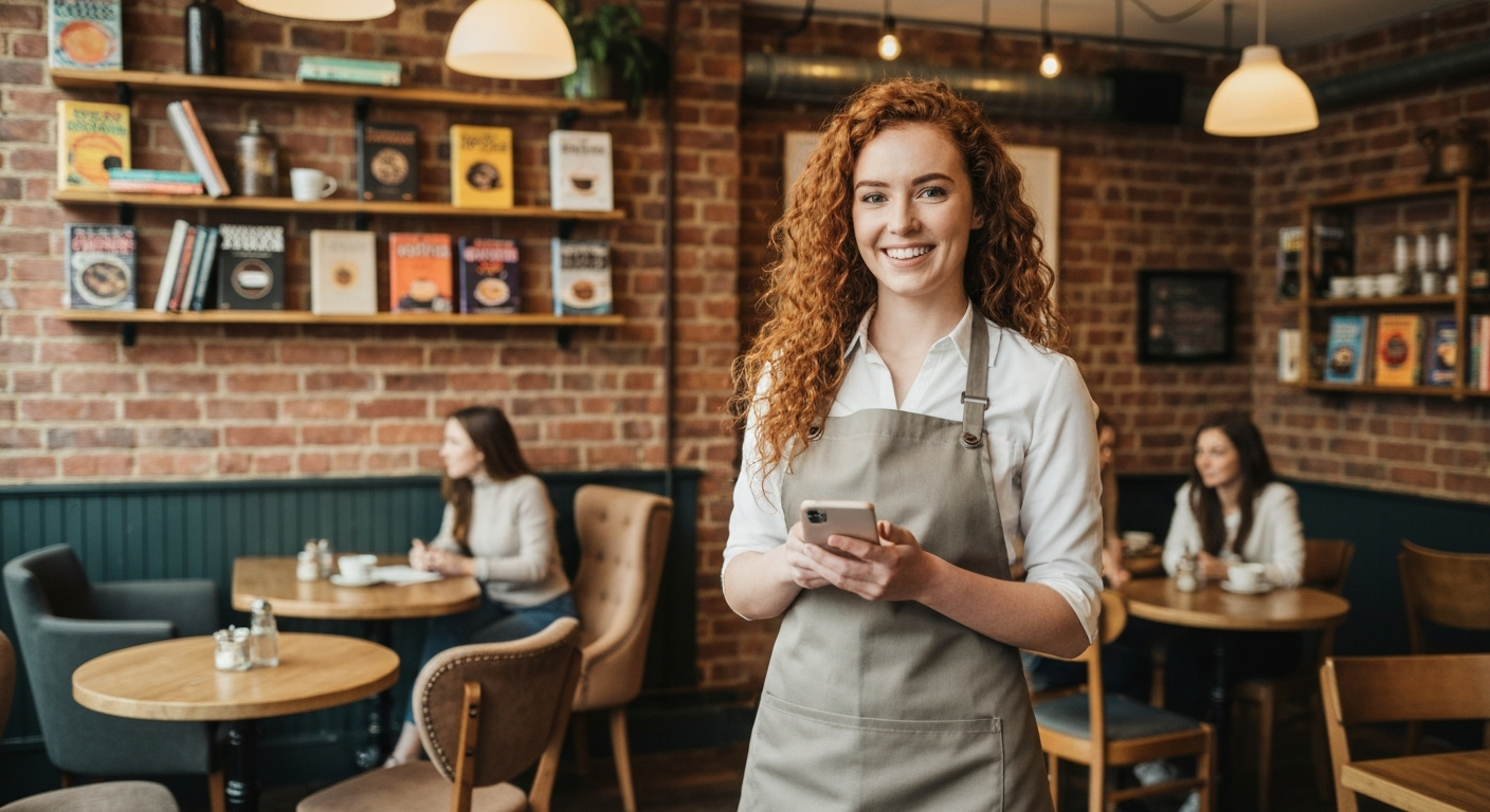 Local UK cafe owner holding a smartphone and smiling