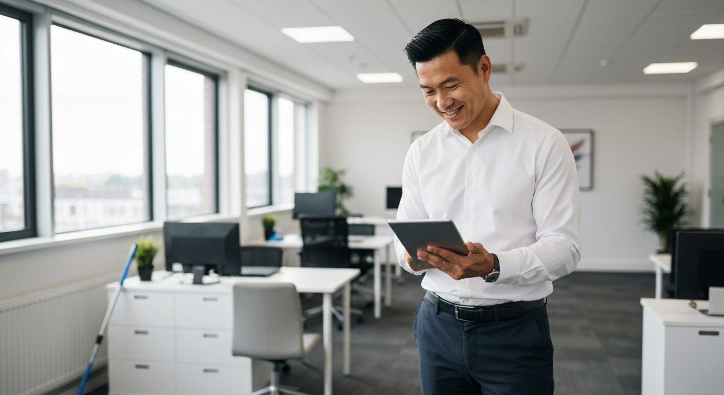 Local UK cleaning company owner smiling while checking their tablet in a freshly cleaned office