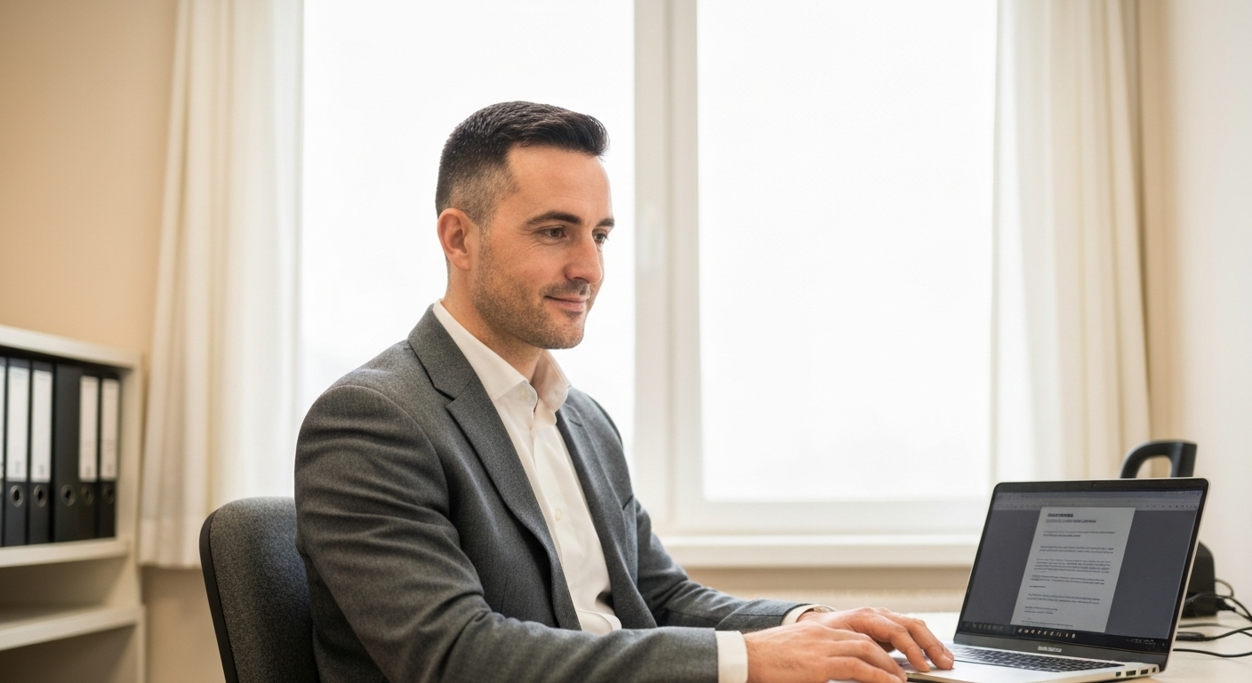 Friendly local UK business owner working on a laptop in their office