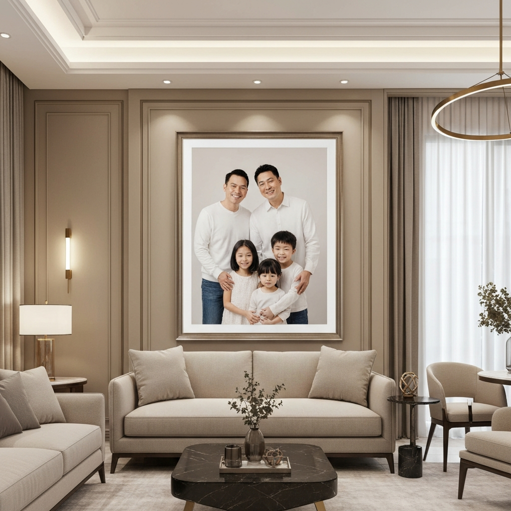 Large framed family portrait in a modern living room