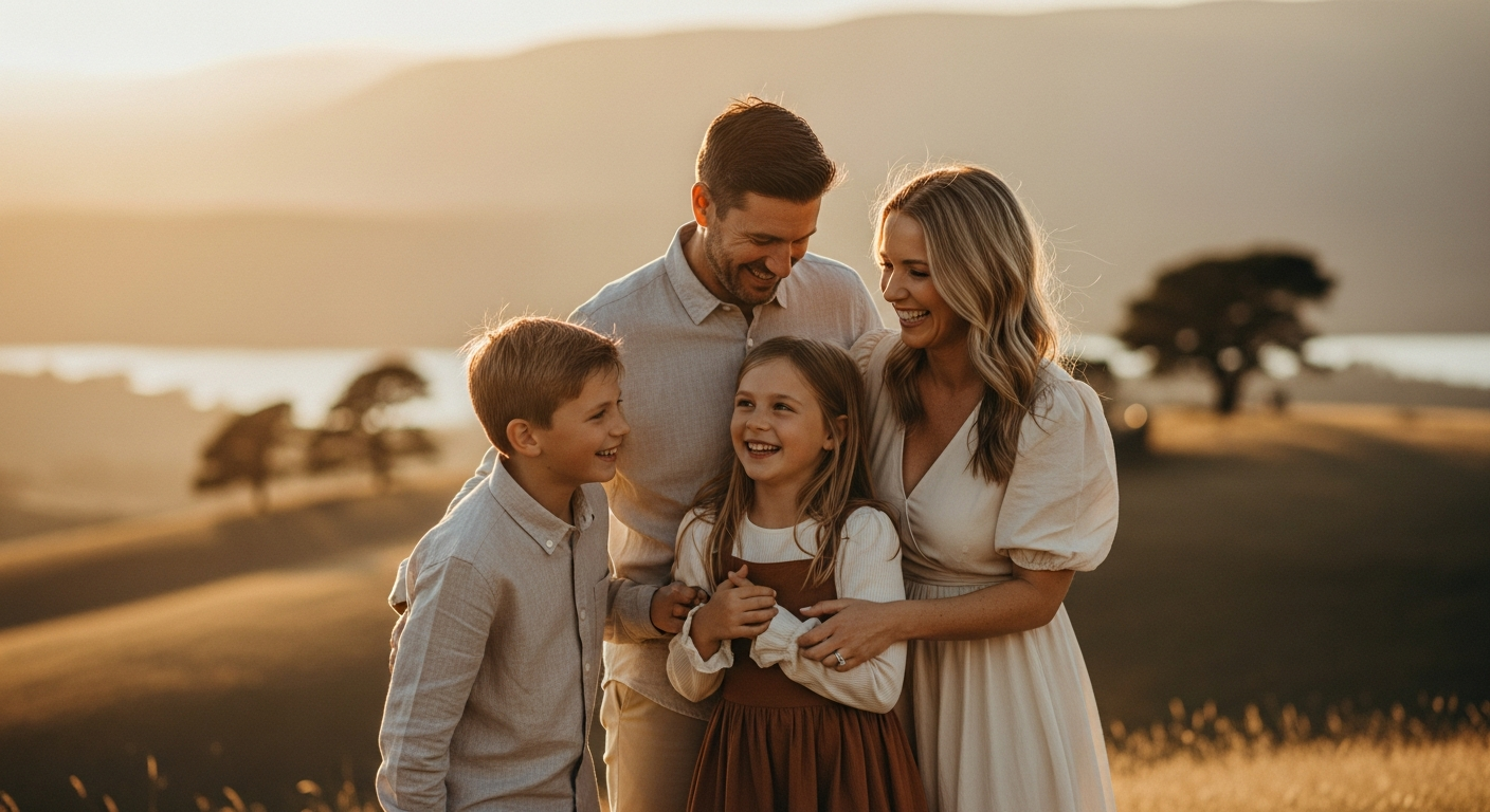 Family outdoors at sunset