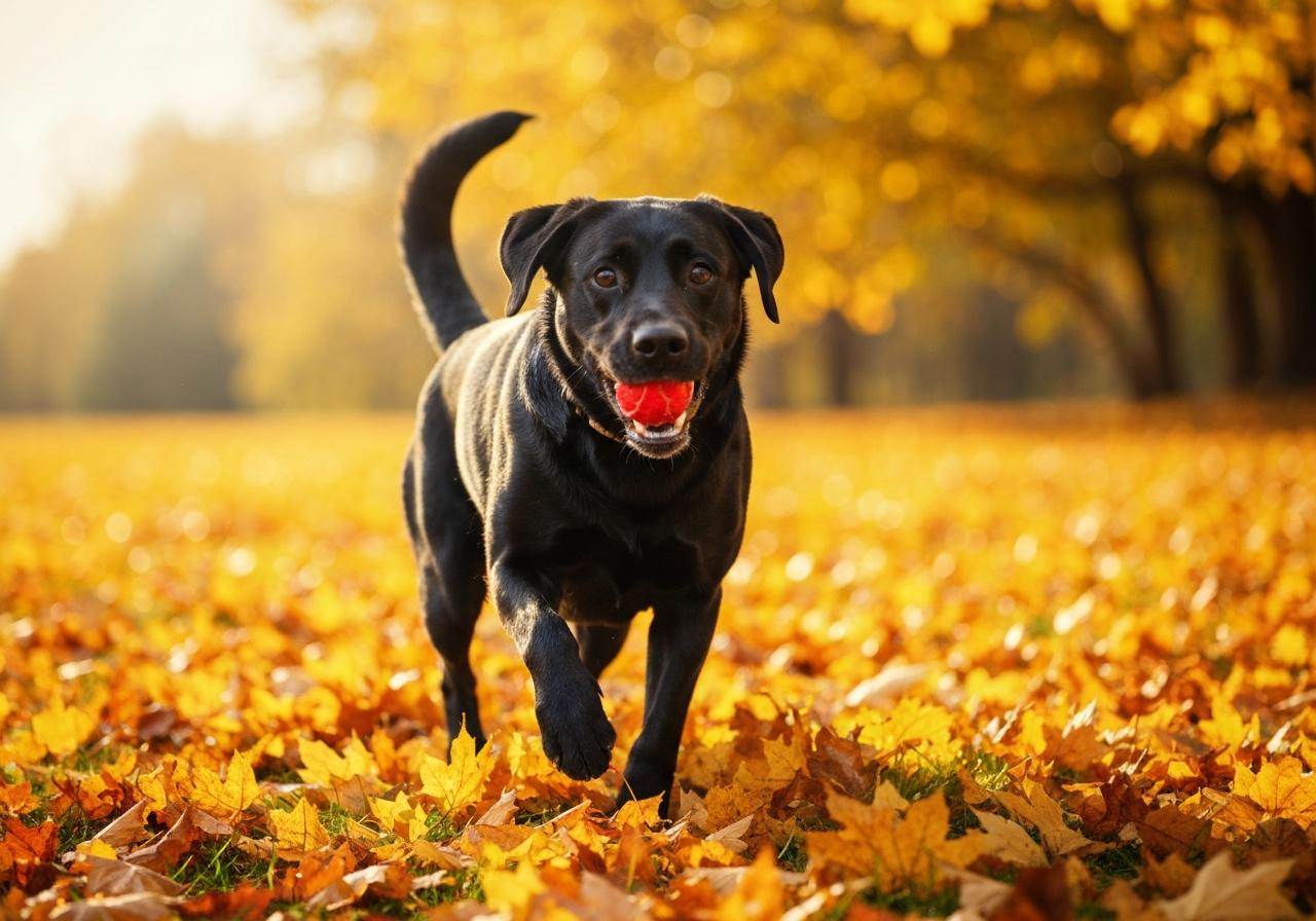 Black labrador in autumn leaves