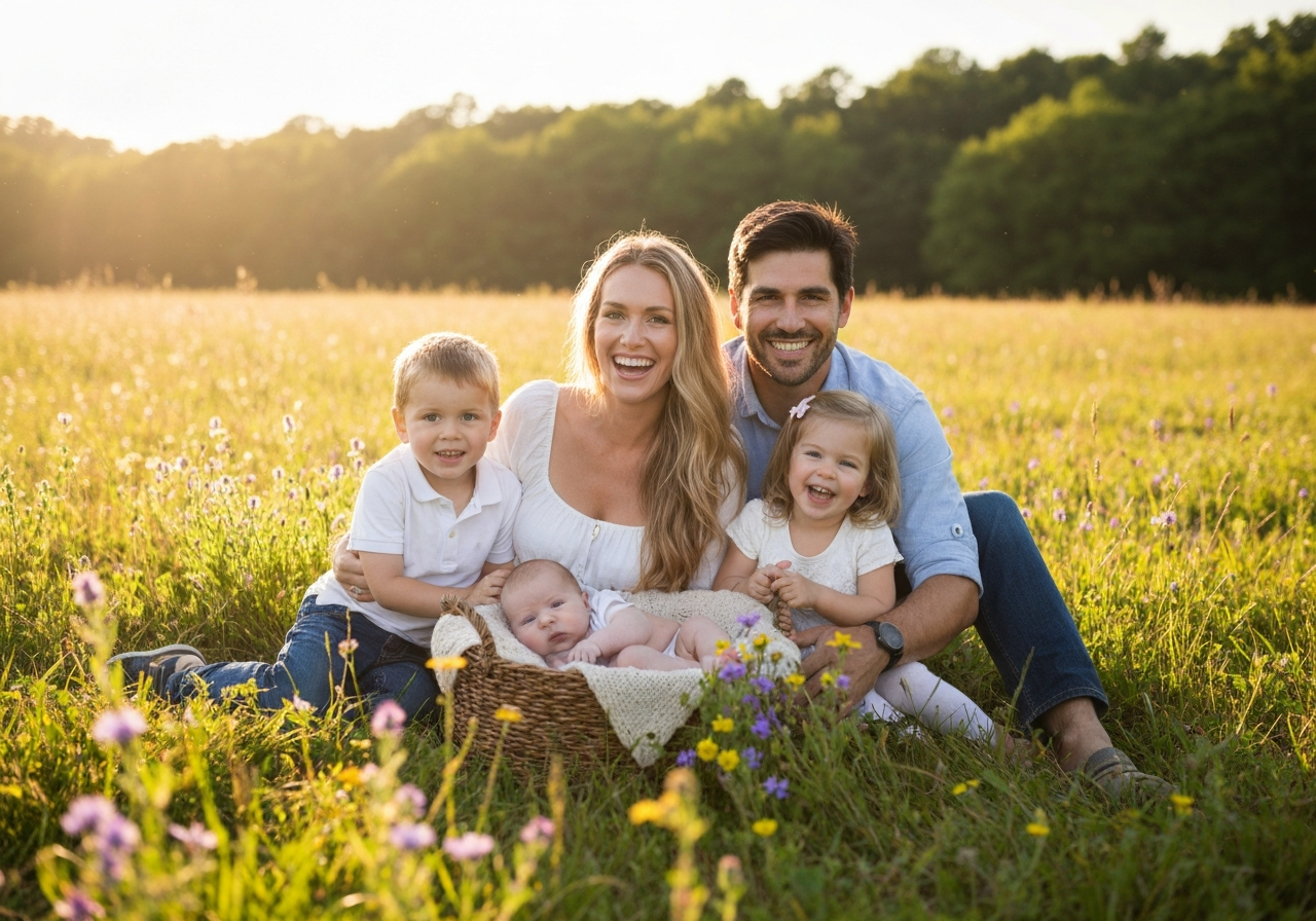 Young family with baby in meadow