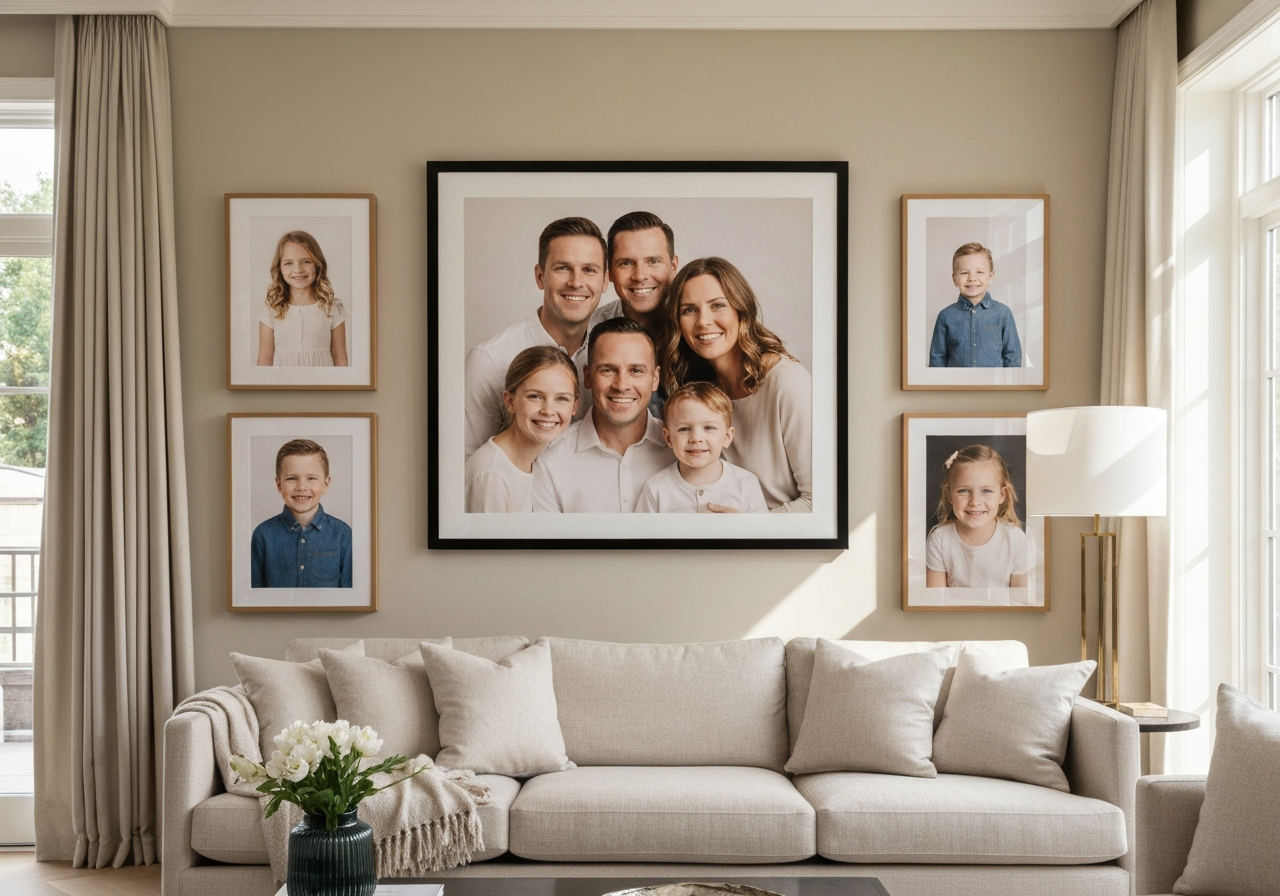 Gallery wall with large statement family photo and smaller individual photos
