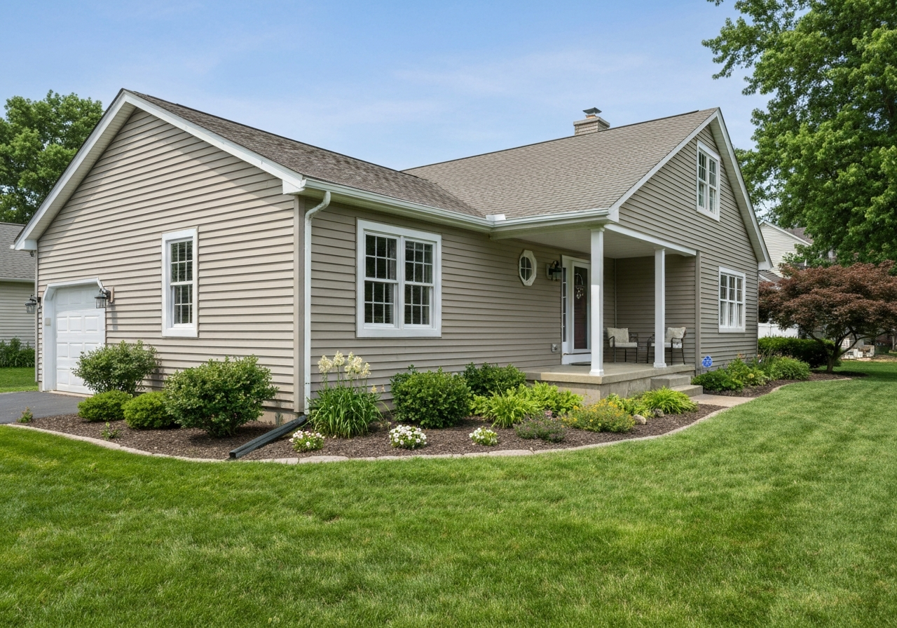 Home exterior featuring energy-efficient windows and door, landscaped yard, and siding replacement, representing The Window Source of San Antonio services.