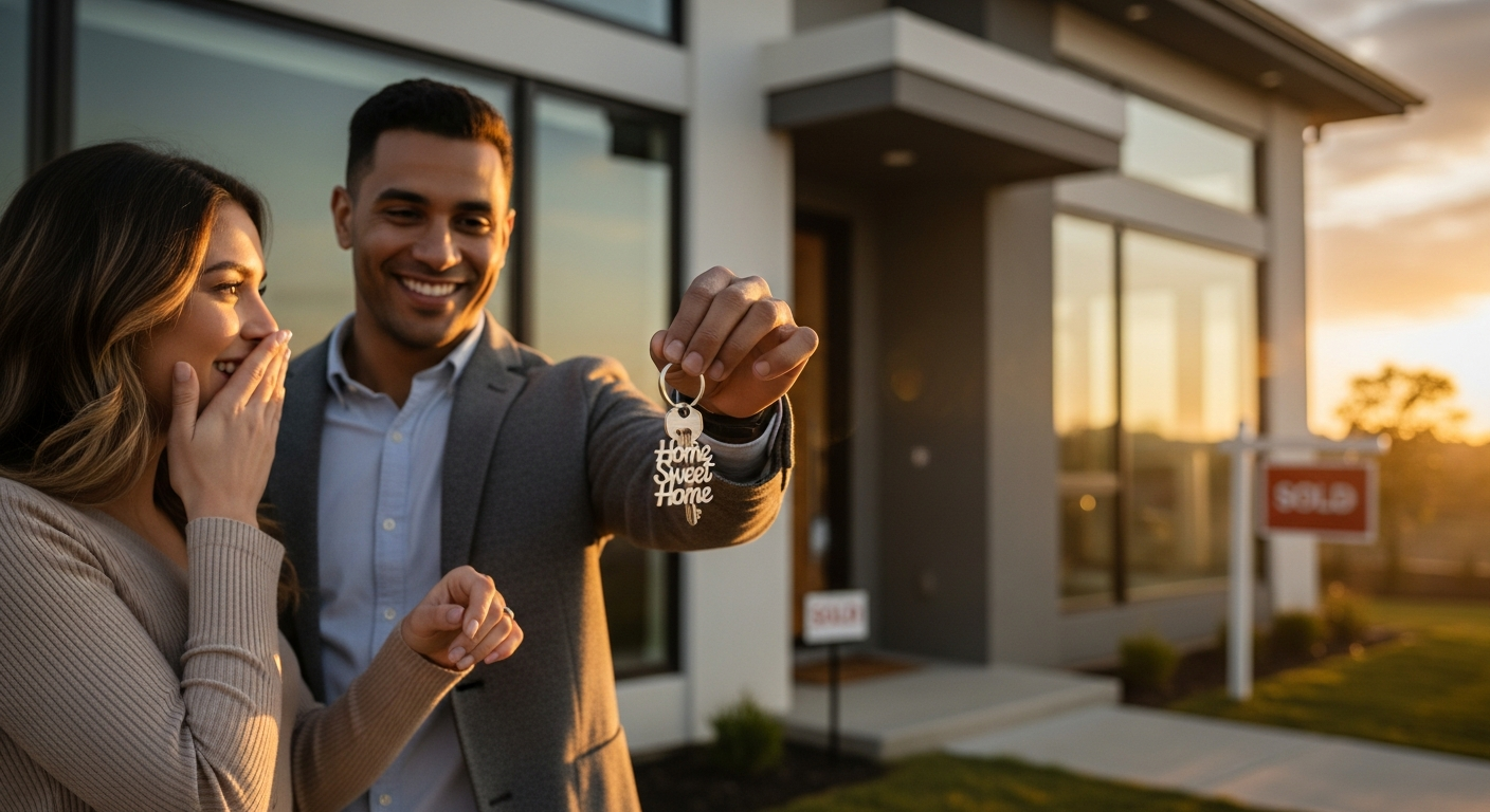 Happy couple receiving the keys to their new home
