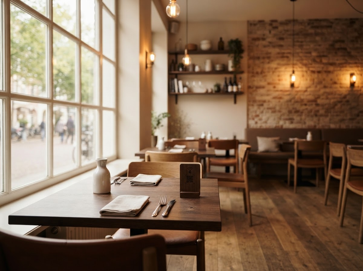 Warm, inviting restaurant interior where digital menus improve the guest experience