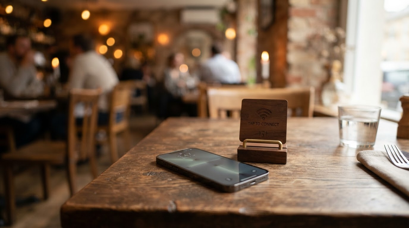 TAP product demonstration showing a guest tapping an NFC table piece to open a restaurant menu
