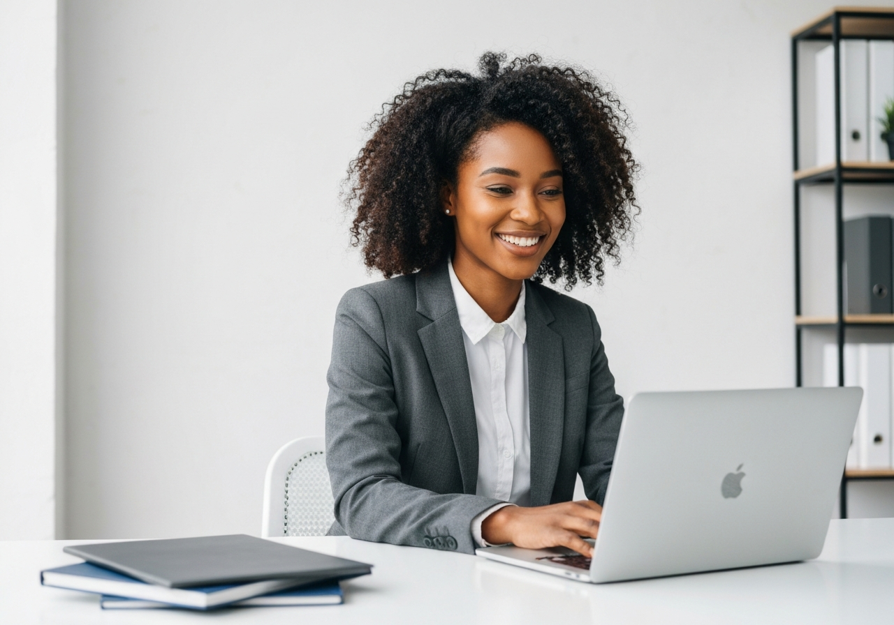 Professional African business woman using AuraBook