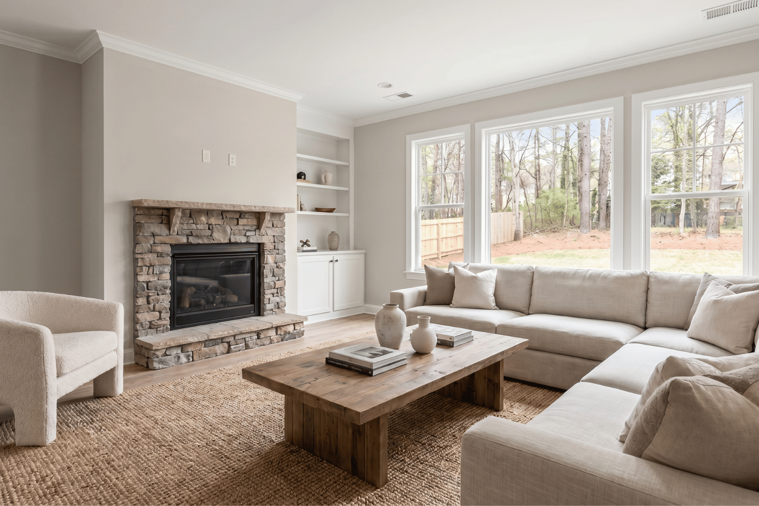 Freshly painted living room with stone fireplace
