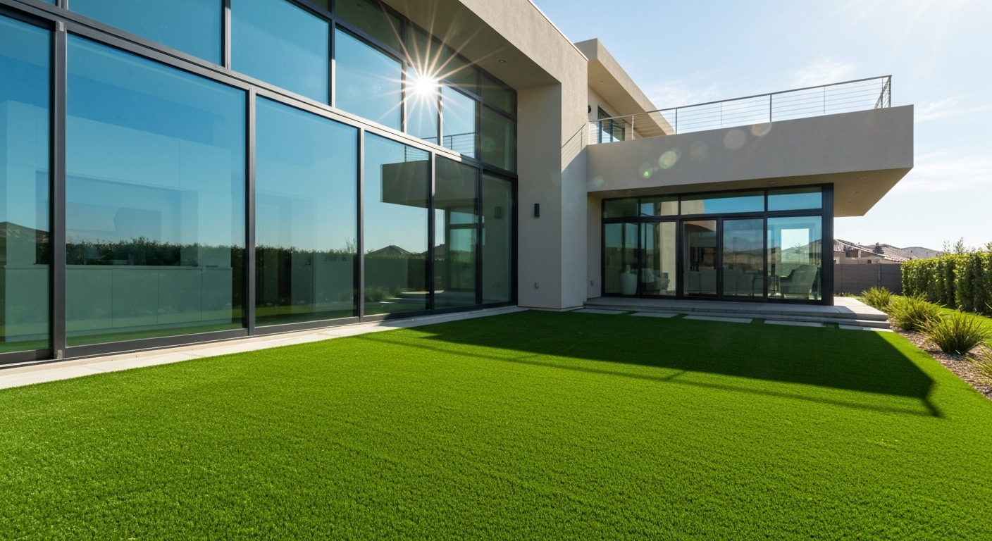 Modern home exterior with artificial turf in St. George