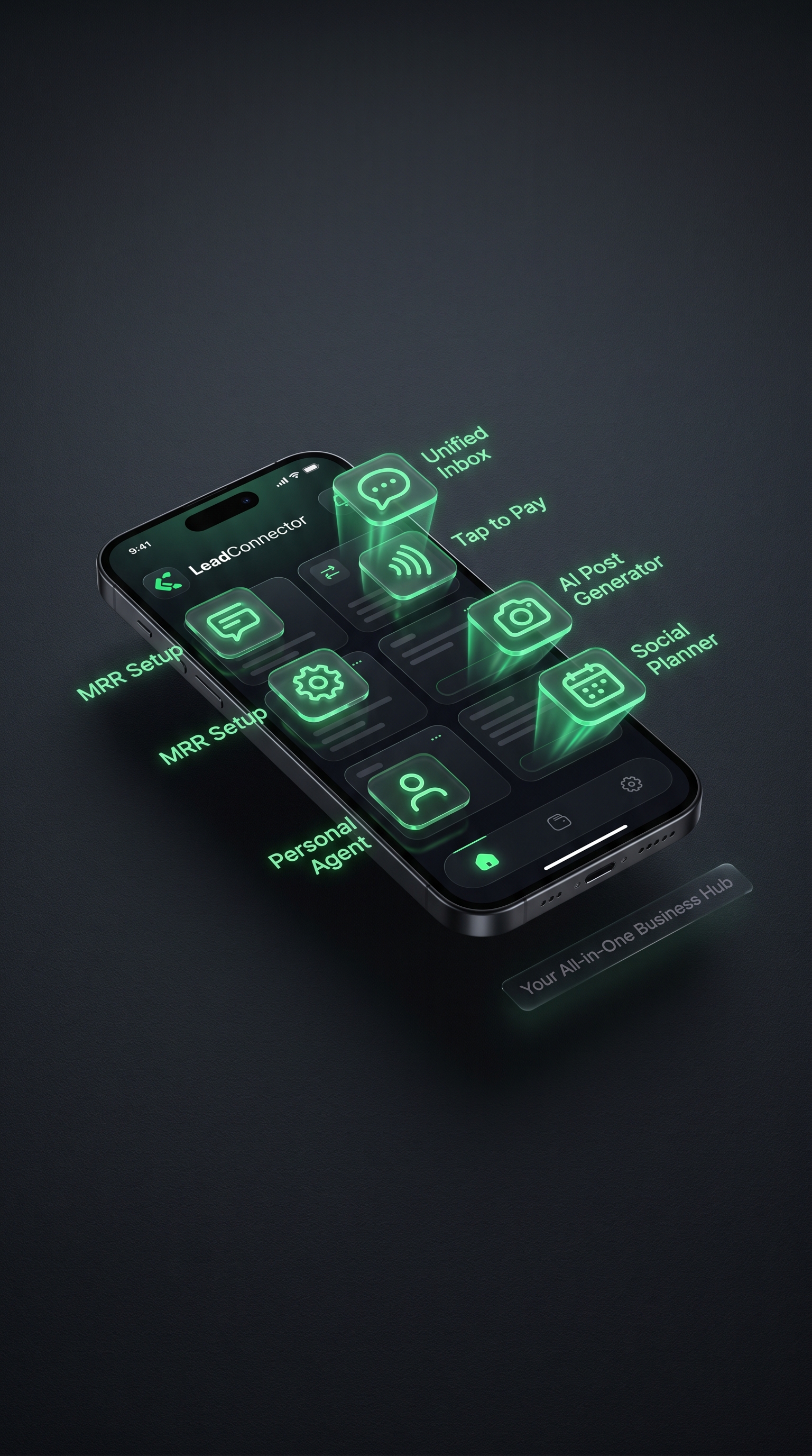 Mobile app showing unified inbox, tap to pay, AI post generator, social planner, and MRR setup features