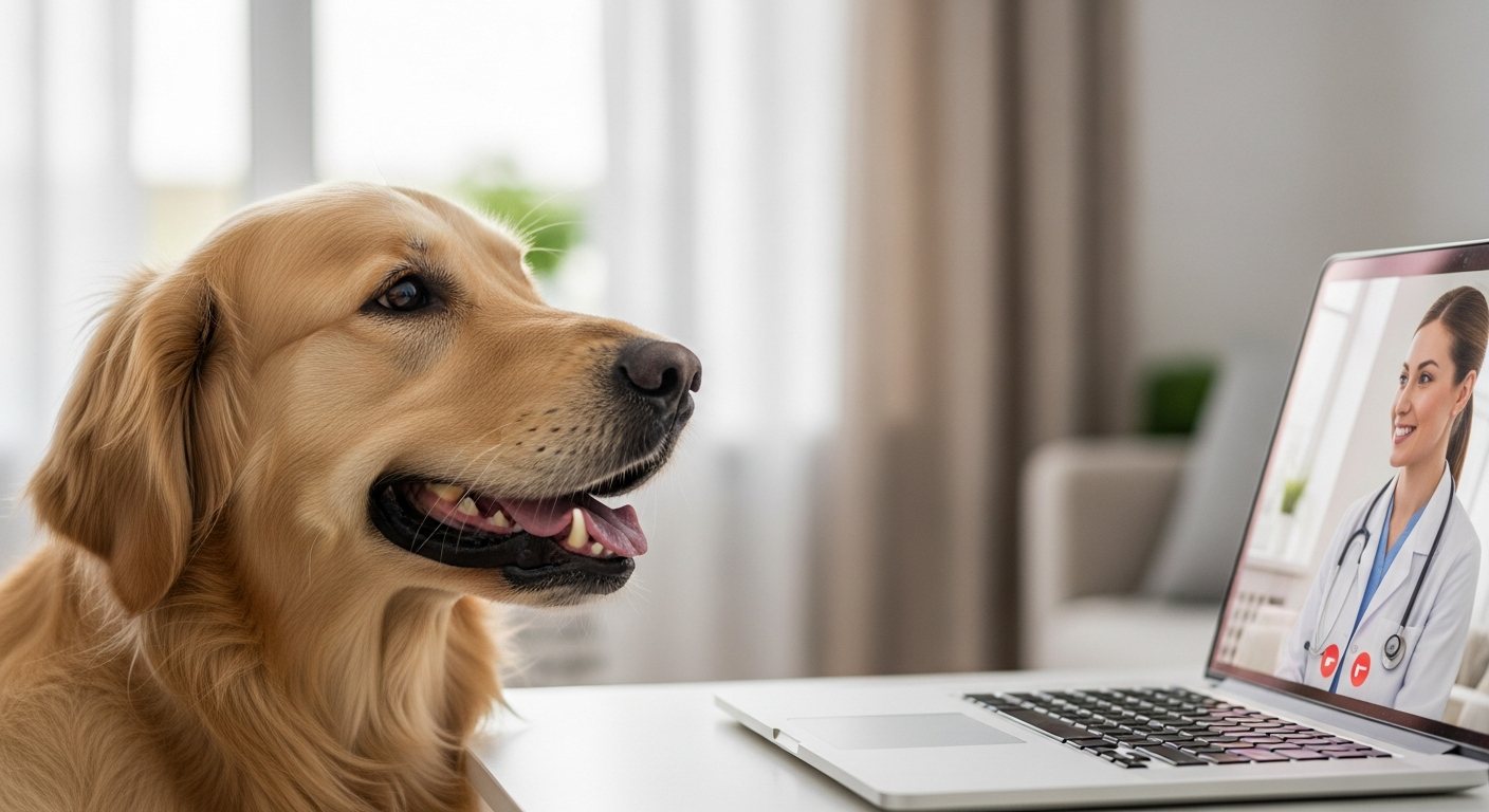 Dog looking at laptop with vet on screen
