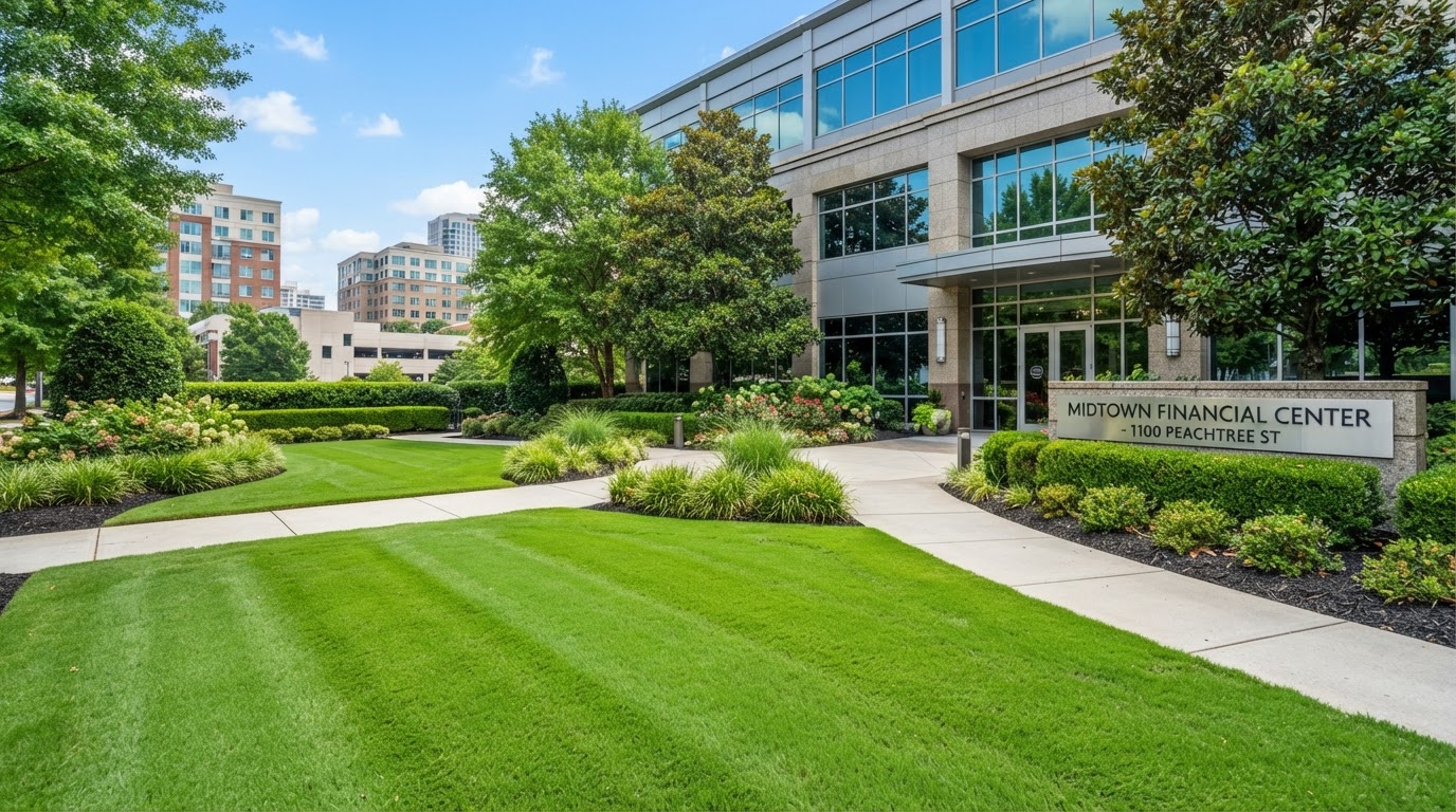 Professional manicured lawn and landscaping at a commercial property in Atlanta