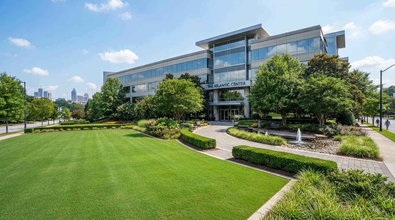 Professional manicured lawn and landscaping at a commercial property in Atlanta