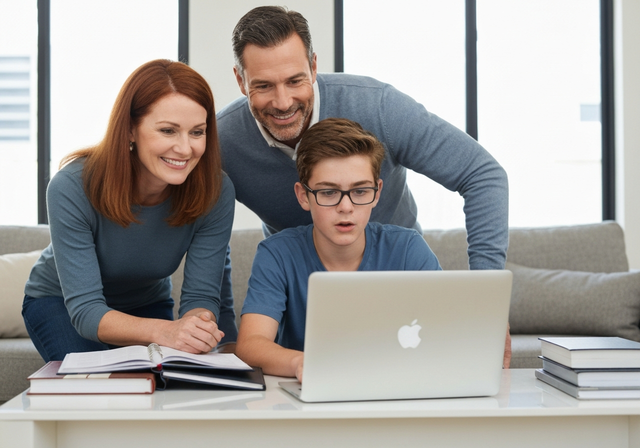 Family looking at laptop