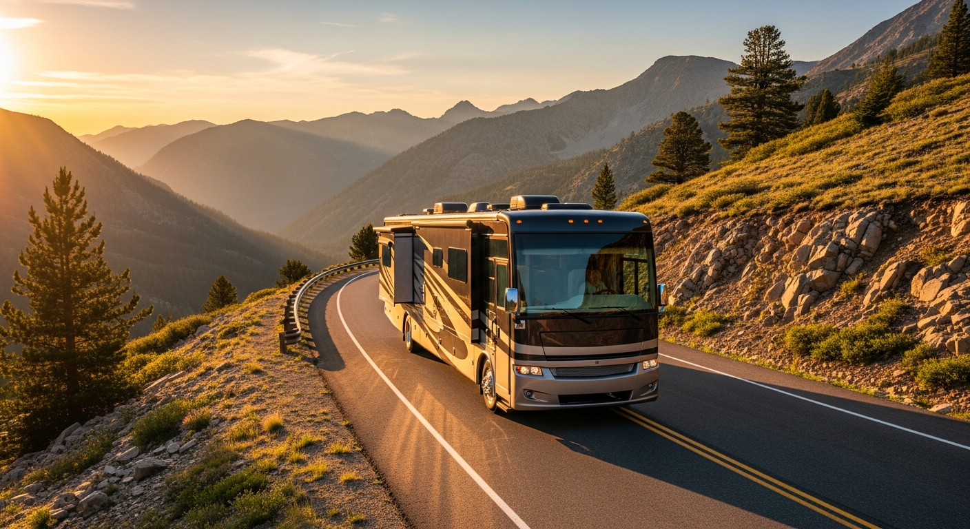 RV driving on a scenic mountain road