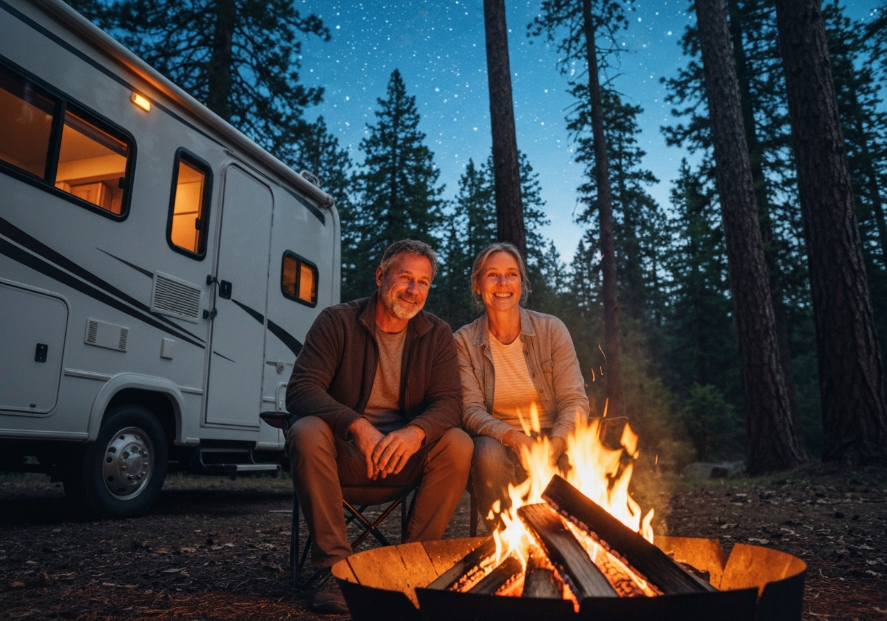 Couple enjoying a campfire outside their RV