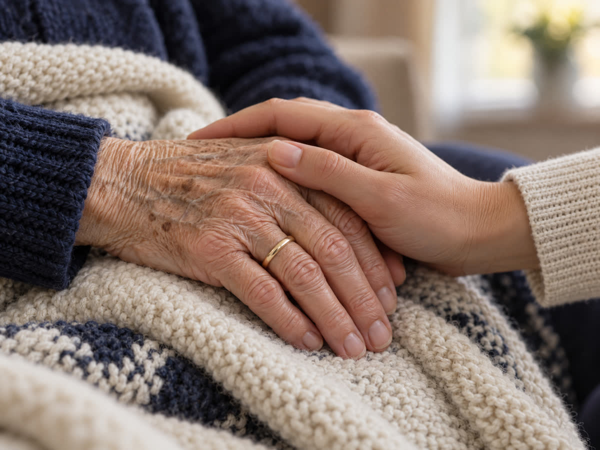 Elderly nursing home resident hand resting with caregiver comforting hand