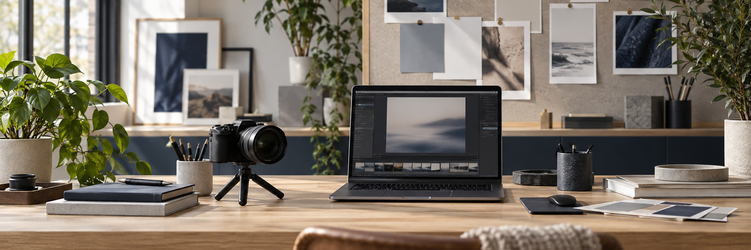 Modern creative agency desk with camera, tripod, and laptop showing campaign creative