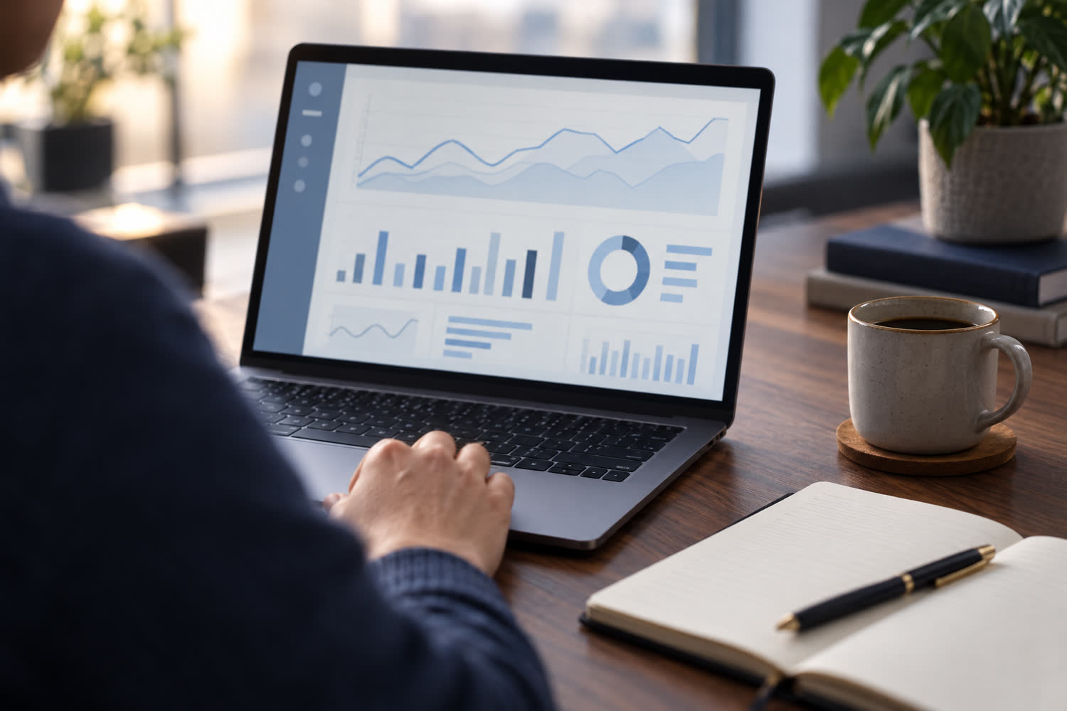 Marketing campaign analytics dashboard displayed on laptop at legal desk