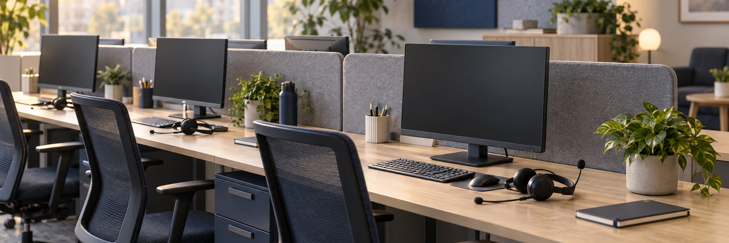 Modern open-plan legal intake office workstation with monitors and headsets