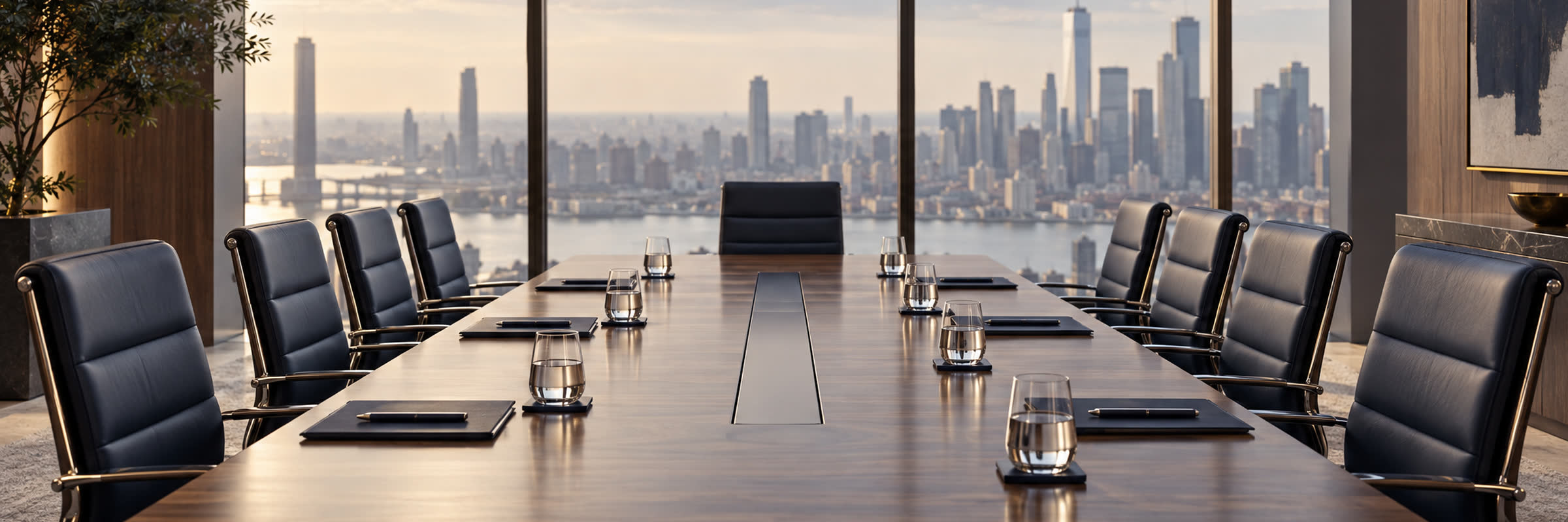 Executive law firm boardroom overlooking metropolitan city skyline