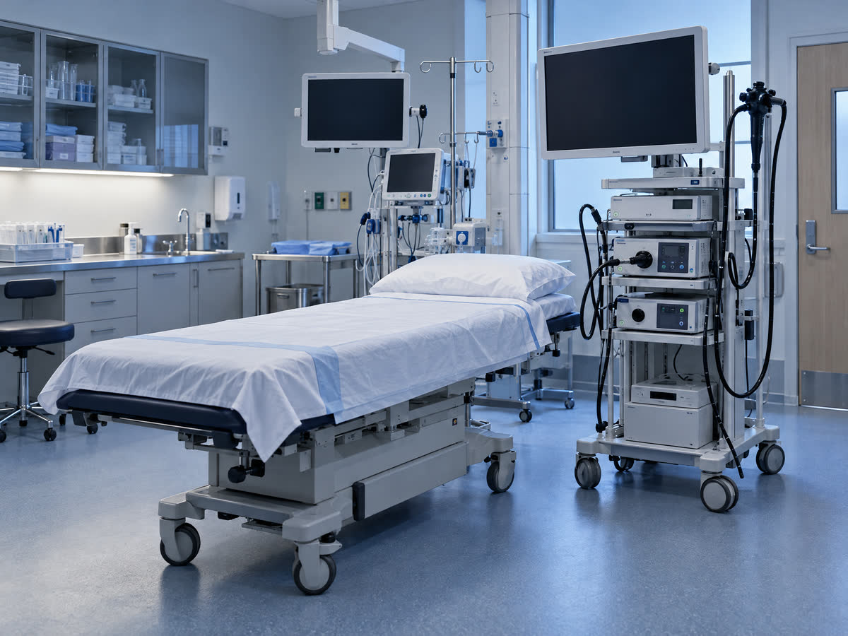 Olympus medical endoscopy system, tower, and procedure bed in sterile clinical suite