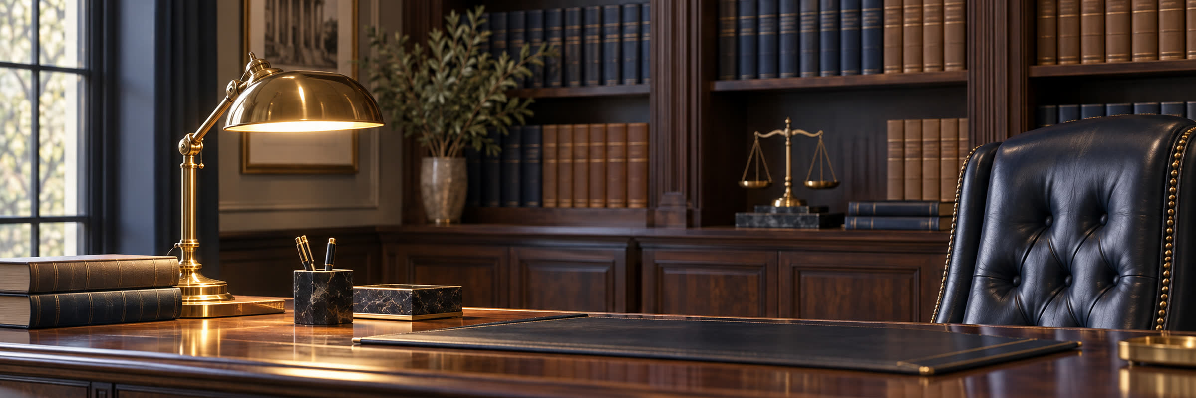 Executive law firm mahogany desk, leather chair, legal library and scales of justice