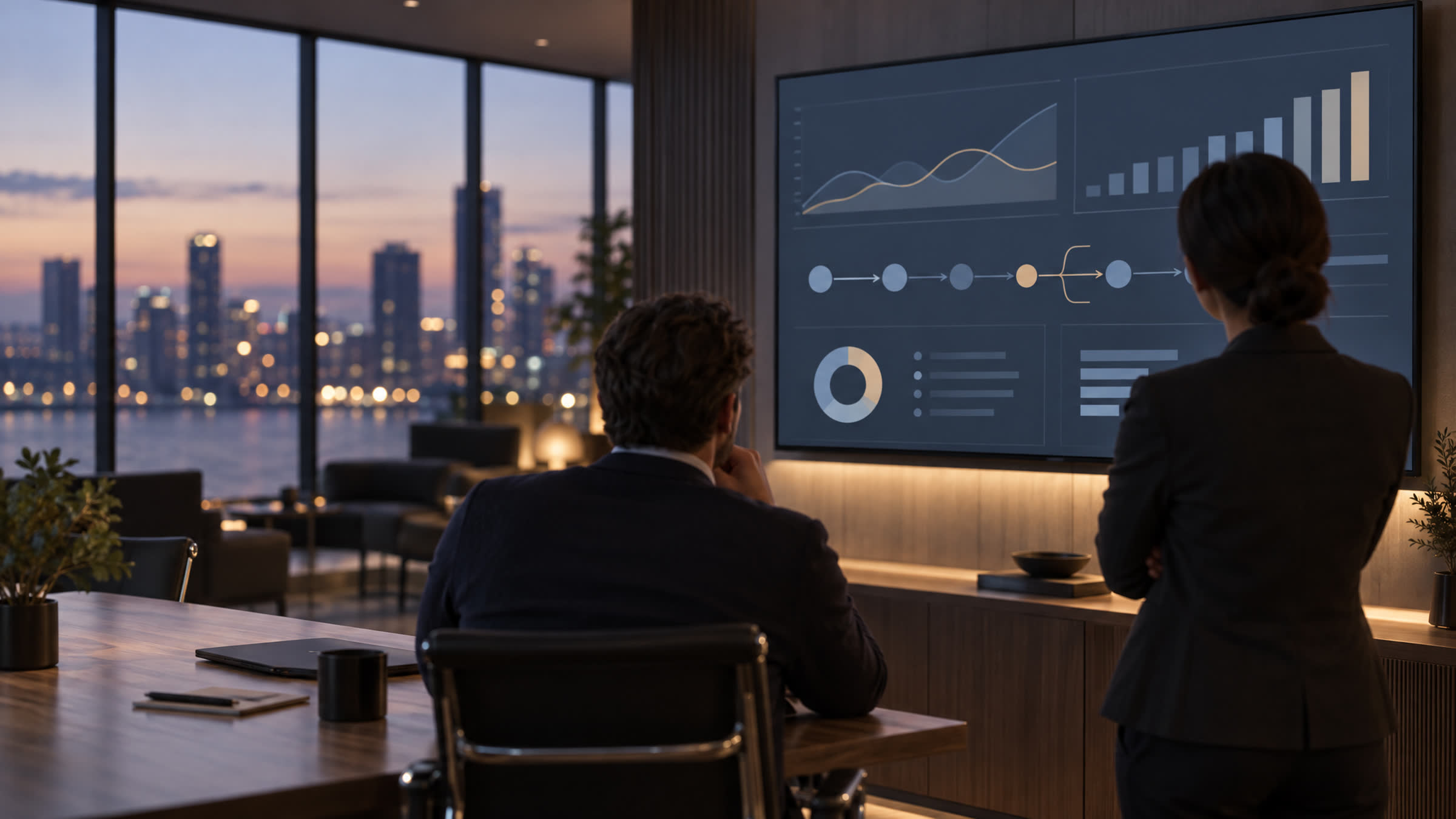 Legal professionals reviewing mass tort pipeline analytics in evening executive office