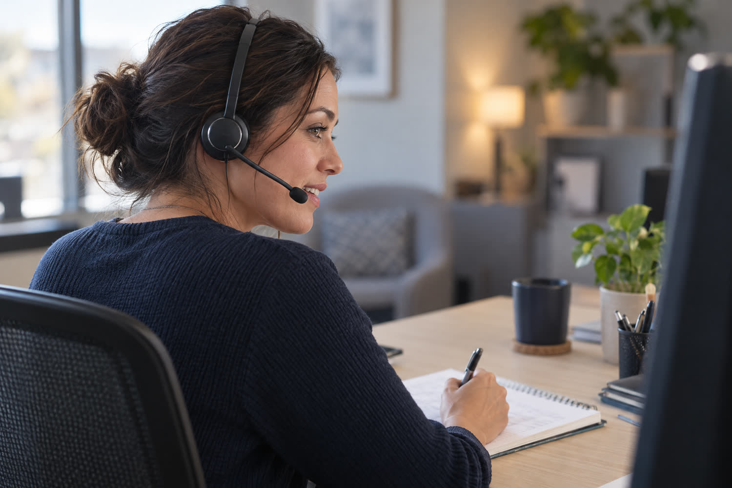 Intake specialist with headset qualifying inquiry notes at professional legal desk