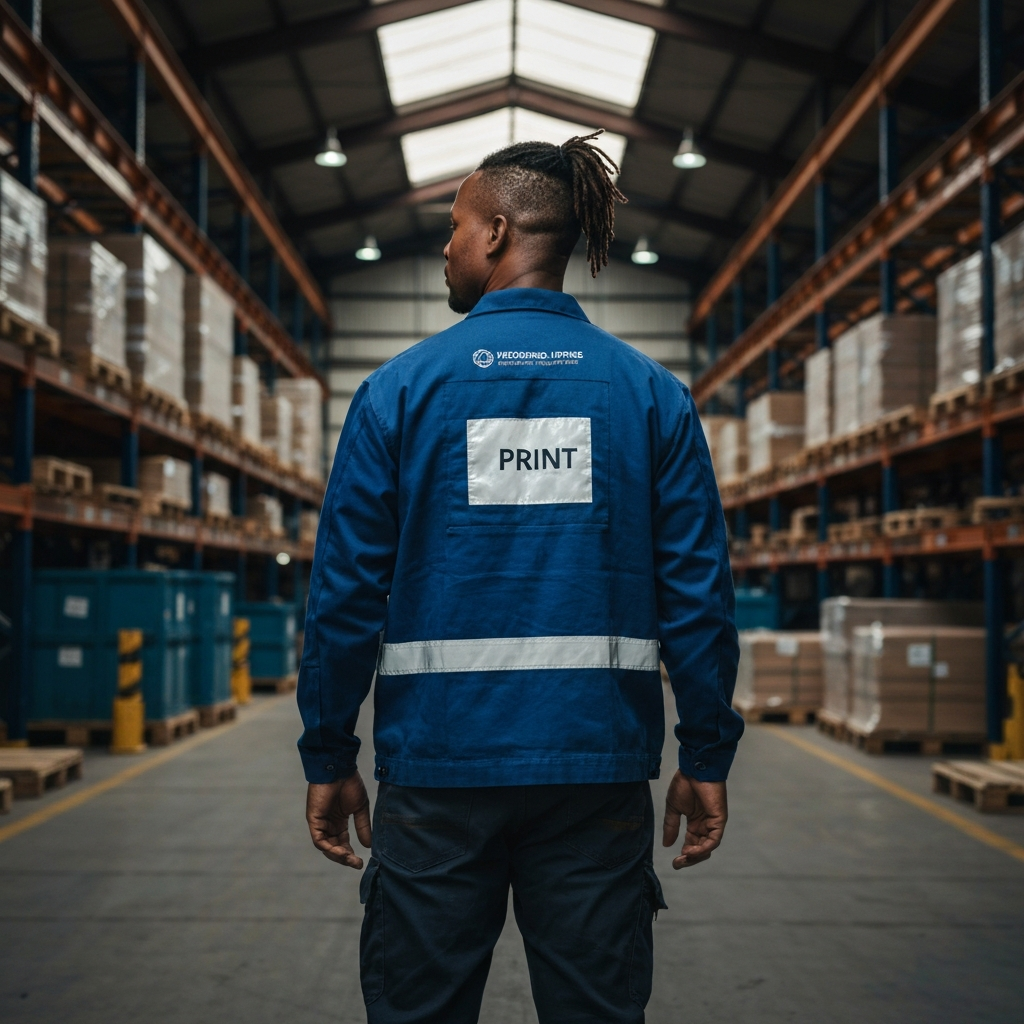 South African worker in durable workwear jacket with large back print in Alberton