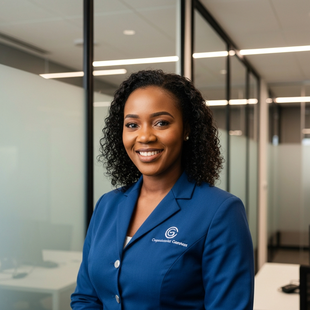 South African professional wearing corporate uniform with subtle logo in Alberton