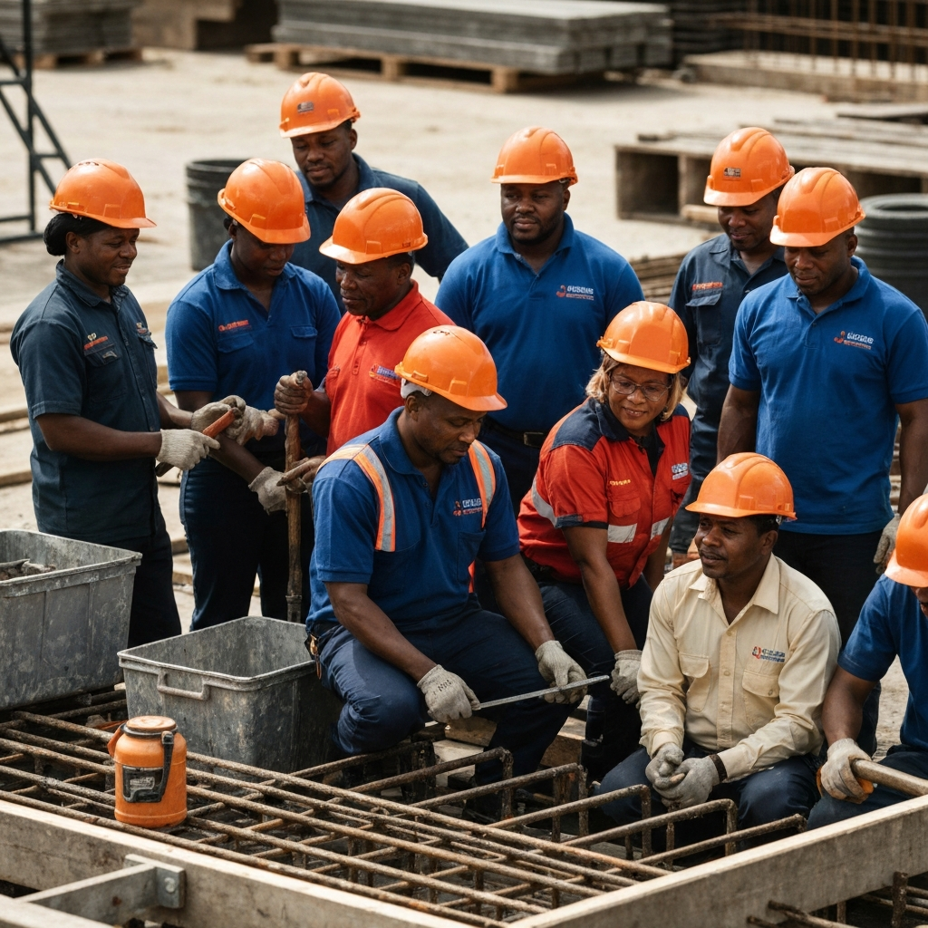 South African work crew in construction hard hats and branded uniform shirts in Alberton