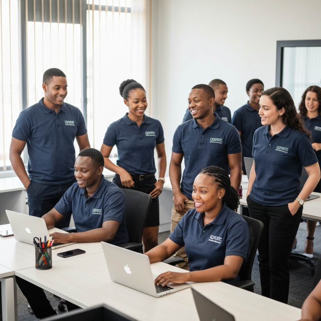 Diverse South African office staff wearing matching branded polo shirts in Alberton